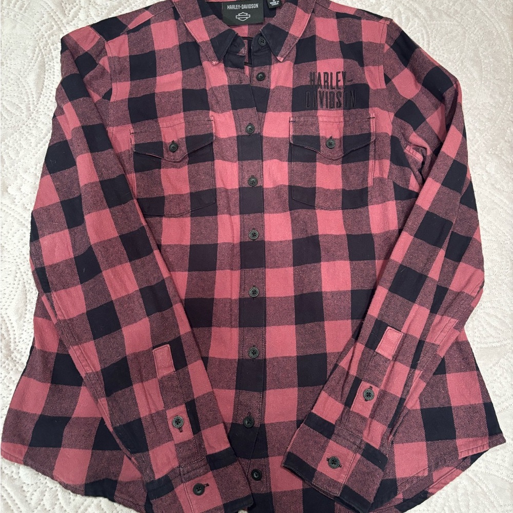 Harley-Davidson Women’s Black and Pink Checkered Flannel